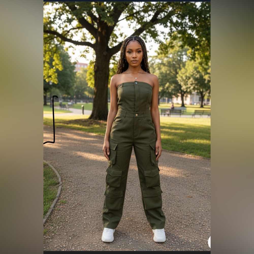 Strapless Cargo Jumpsuit Olive Green Utility Streetwear Y2K Baggy Small 26W 29L